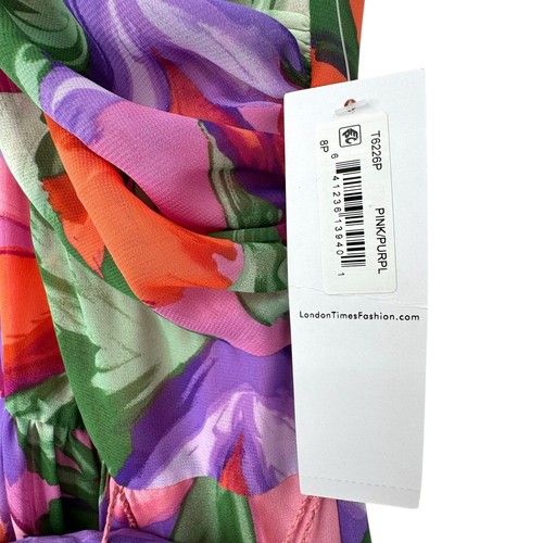 London Times Petites Floral Halter Maxi Dress Sz 8P Multicolor Chiffon Waist Tie - Picture 7 of 12