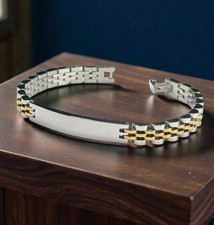 Bracciale Uomo  Acciaio inox Anallergico maglia modello Rolex con dettaglio Oro