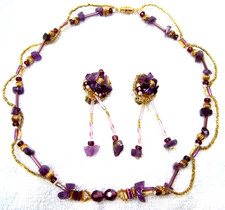 NOS 16.5" PURPLE Glass Plastic Metal Screw Close NECKLACE & Clip Dangle EARRINGS