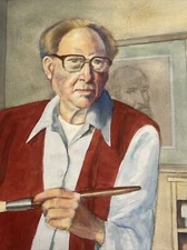 ANTIQUE PAINTING ARTIST SELF PORTRAIT STUDIO  LISTED AMERICAN WALTER E COHEN JR