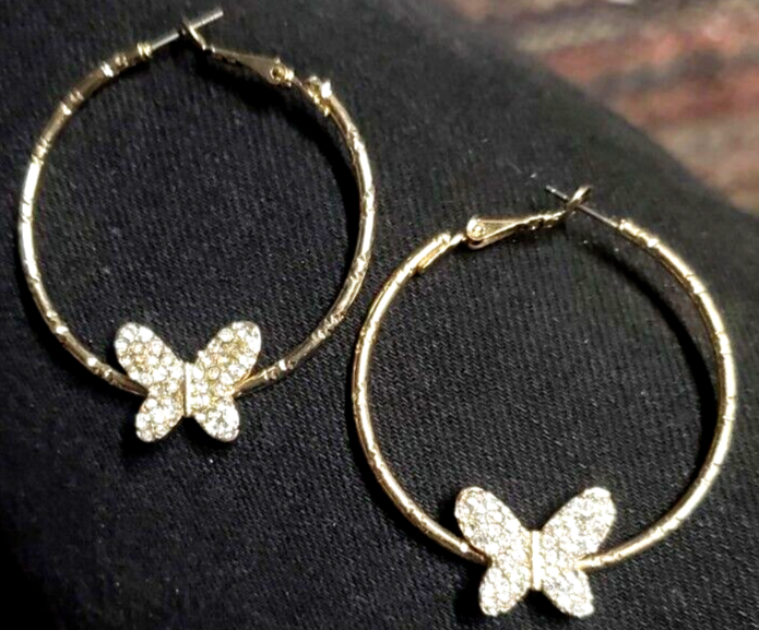 Butterfly Rhinestone Gold Hoop Earrings-image