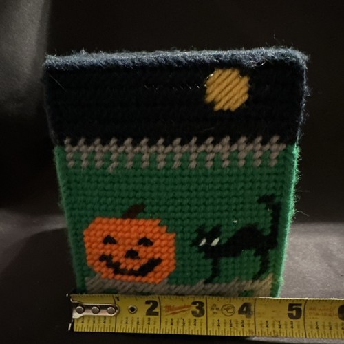 Vtg Handmade Plastic Canvas Halloween Ghost Pumpkin Black Cat Tissue Box Cover - Picture 4 of 6