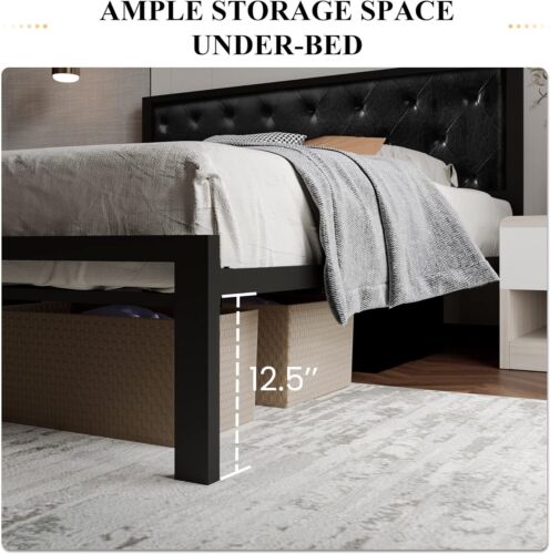12.5” Metal Platform Bed Frame with Faux Leather Upholstered Headboard, Black - Picture 33 of 34