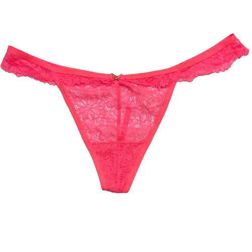 Women's Lace Thong Underwear – Sexy Deep V-Front Panty With Scalloped Waistband, Hot Pink