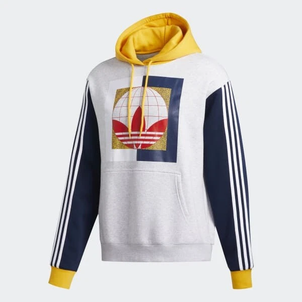 Adidas Globe Hoodie Heather Gray Blue Yellow Color Block 90s
