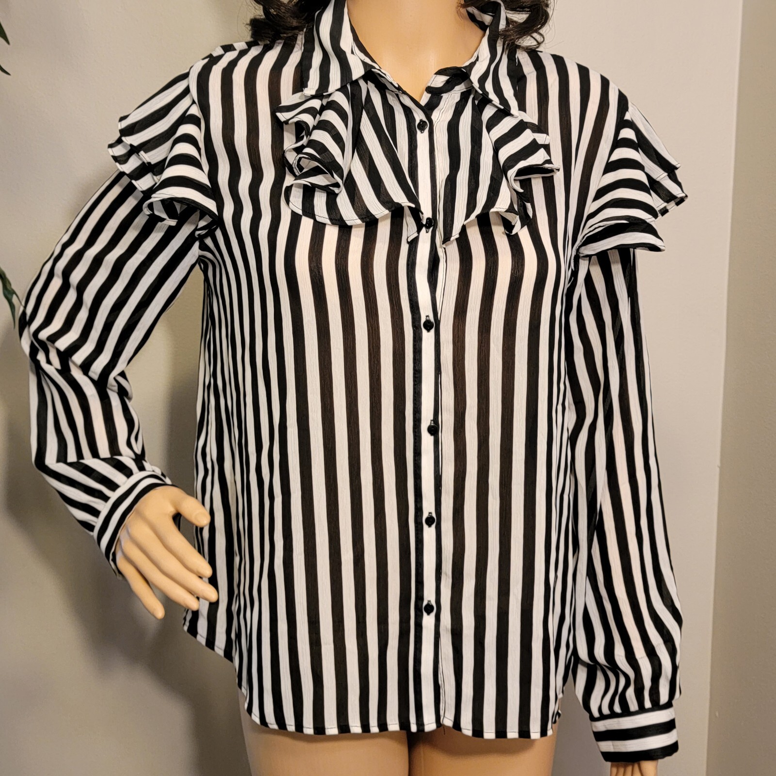 ZARA BASIC Black & White Striped Button-Up Semi-S… - image 3