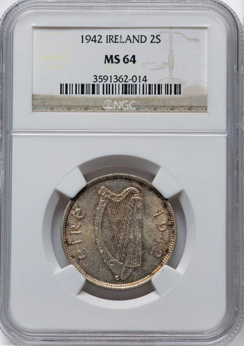 Ireland - 1942 Florin - NGC MS64 - RARE ISSUE & BEAUTIFUL TONING! SCARCE ISSUE