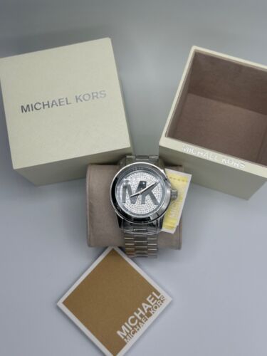 MICHAEL KORS MK5544 Runway Silver Pave Stainless Steel Logo Unisex Watch - Picture 4 of 10