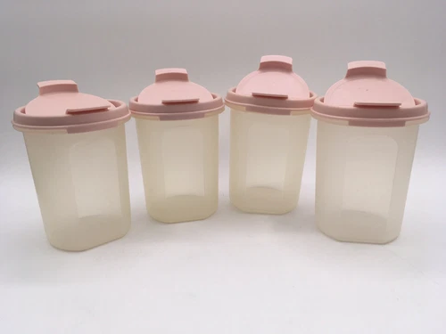 Vtg Tupperware Modular Mates  #1606 Round #2 Ivory Rose Pink Seals 1-1913+ Set 4