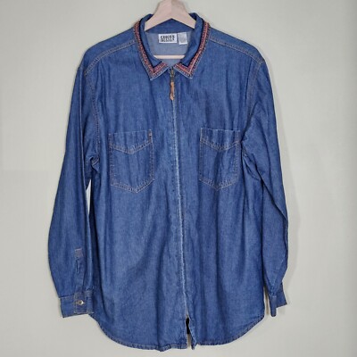 VTG Chicos Design Shirt Womens 2 / L Denim Zip Embellished Embroidery LS Cotton