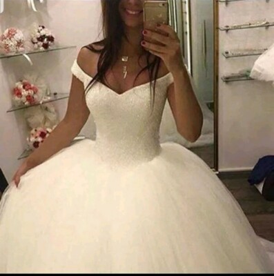UK Prinzessin weiß/elfenbein Brautkleid Kristall Schulterfrei Hochzeitskleid Größe 6-22
