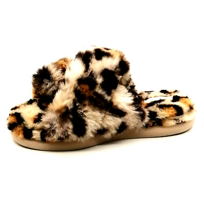 Halluci Womens Cross Strap Slide Slipper Brown Leopard Print Faux Fur EUR 40-41