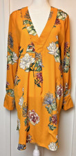 Umgee USA Long Sleeve Boho V Neck Dress Pocket Mustard Floral Women's Size Small