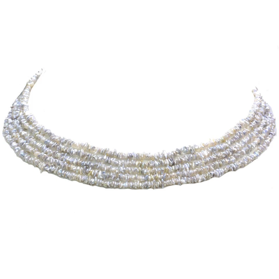 Collar múltiple de perlas barrocas Akoya keshi 3 - 4 mm plata azul oro amarillo