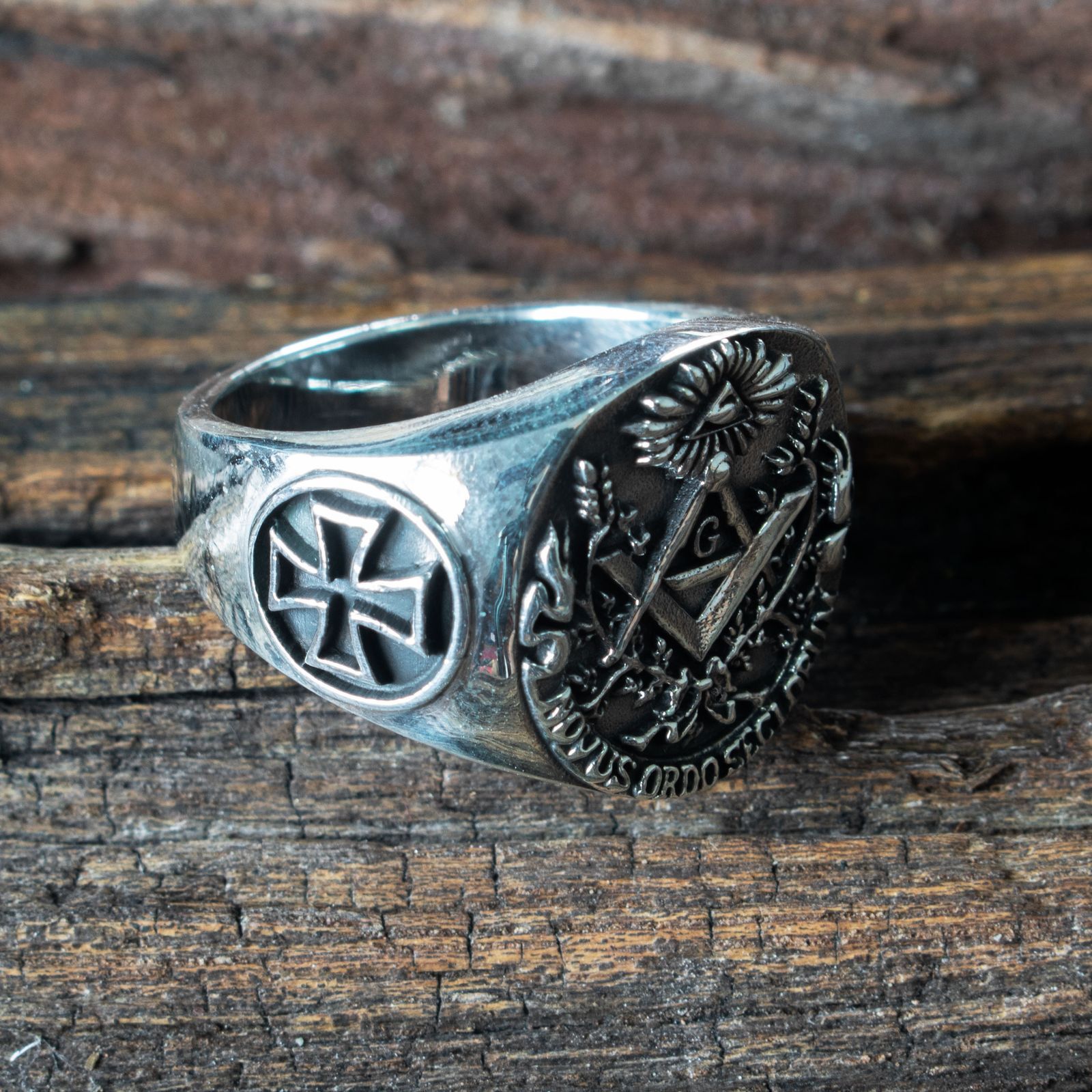 925 Sterling Silber Siegelring Freimaurer Illuminati Totenkopf Templer Kreuz