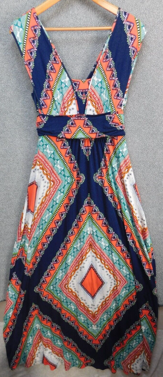 Maeve Sleeveless Maxi Dress Womens S Long Blue Geometric Boho Stretchy  Lined | eBay