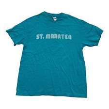 Vintage St. Maarten Spellout Tee Hanes Made In USA Single Stitch Torquoise Large