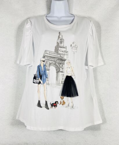 DKNY Top Women’s XL White T-Shirt Short Sleeve Graphic New