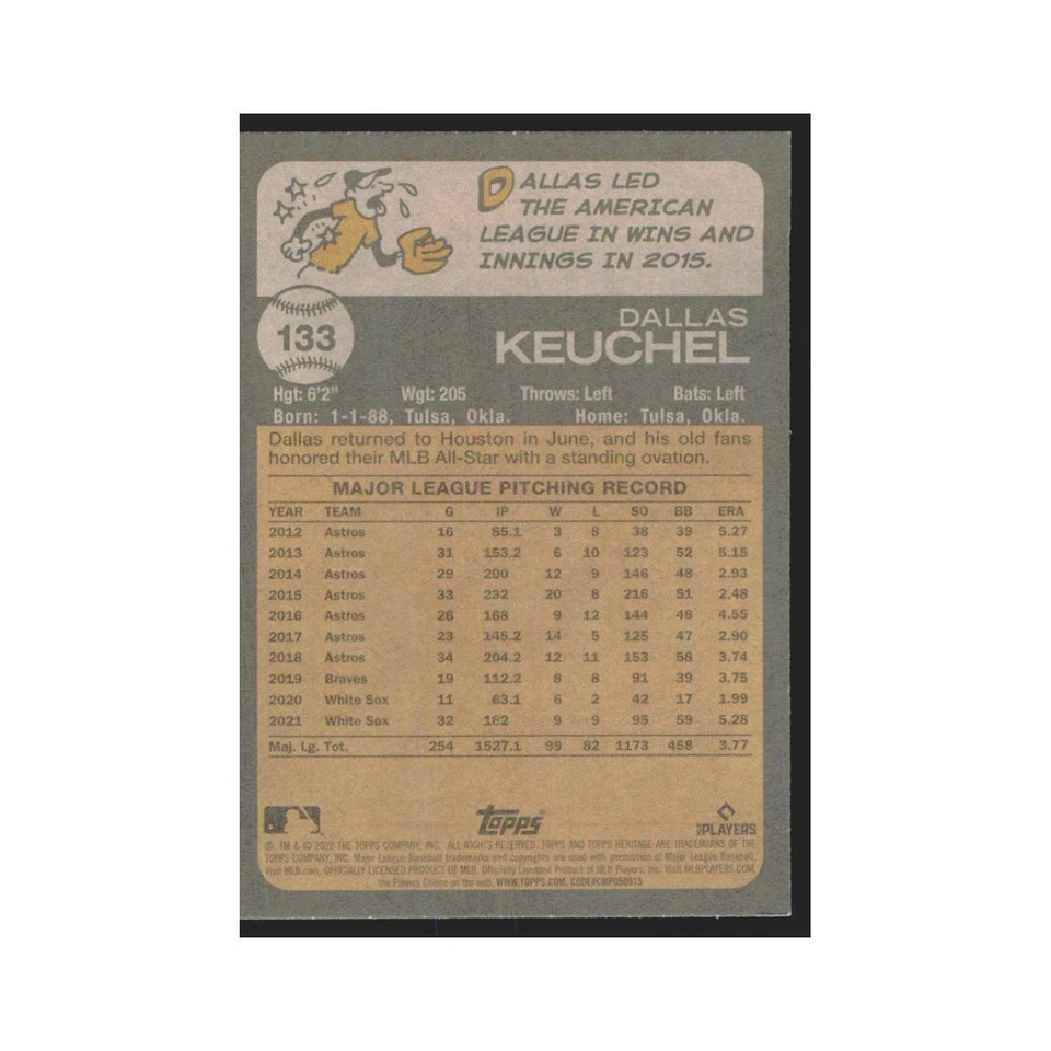 2022 Topps Heritage Dallas Keuchel White Sox #133 - Image 2 of 3