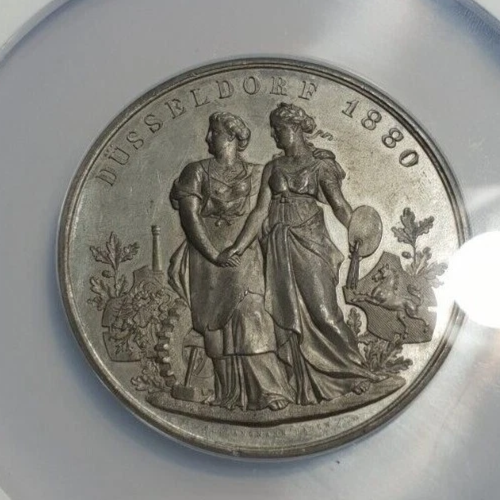NGC Dusseldorf 1880 MS-62 Palace Unc White Metal Germany Medal Huge 60mm - Picture 3 of 8
