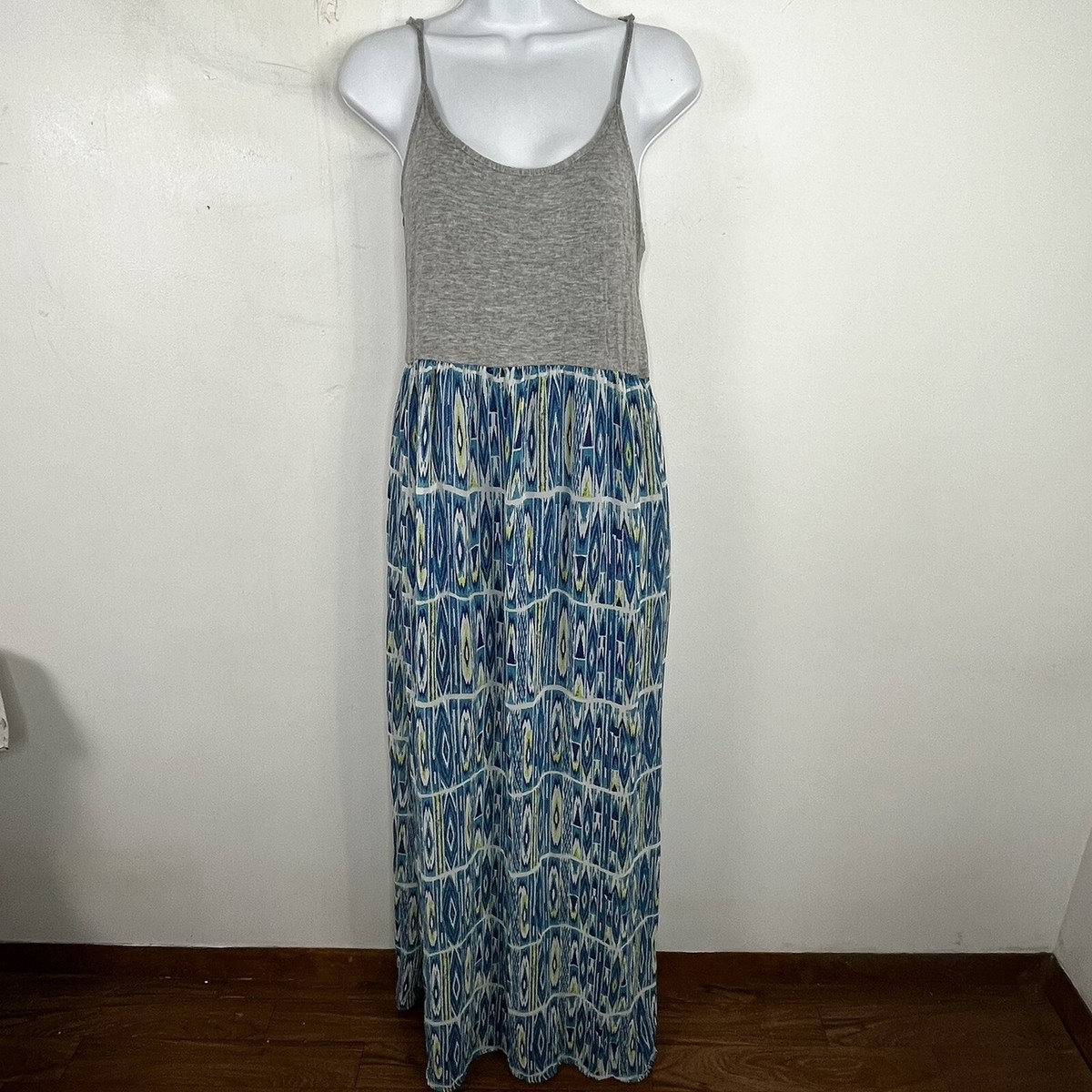 grey maxi dress forever 21 Forever 21 Gray Blue Maxi Dress Womens sz L Spaghetti Strap Patterned Skirt