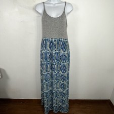 Forever 21 Gray Blue Maxi Dress Womens sz L Spaghetti Strap Patterned Skirt