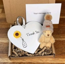 Thank You Sunflower Letterbox Gift Box - 10cm Wooden Heart & Pocket Bear Hug
