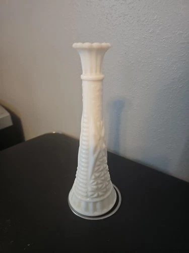 Vintage White Milk Glass Bud Vase 9" Diamond Imprint Design Fluted Top Scalloped