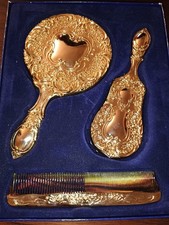 Vintage Ornate Gold Tone 3 Piece Vanity Set Hand Mirror Brush Comb NEW