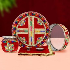 Karwa Chauth Pooja Thali Juego Acero Inoxidable Lota, Kalash, Channi Thali Set