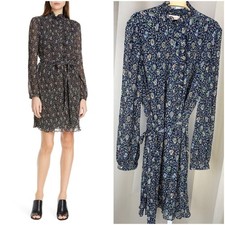 Tory Burch Floral Crinkle Mini Dress Tie Waist Deneuve Floral Plisse Dress Navy