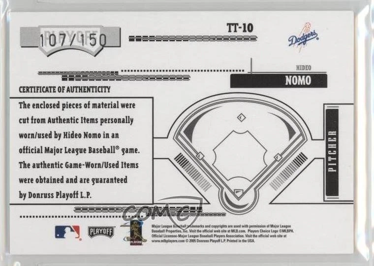 2005 Playoff Absolute Memorabilia Blue Double Materials /150 Hideo Nomo #TT-10 - Image 2 of 2