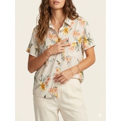 Roxy Womens Tropical Hibiscus Floral Button Down Hawaiian Shirt Tan Yellow Large