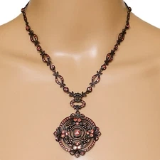 Joan Rivers Victorian Revival Ornate Necklace Antiqued Bronze Peach Rhinestones 