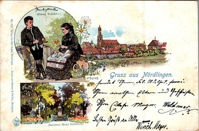 LITHO GRUSS AUS NÖRDLINGEN DONAU RIES RIESER TRACHT + MEYR DENKMAL 3 BILD 1899