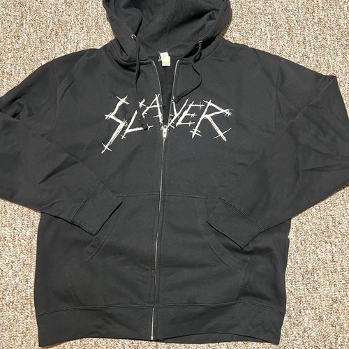 Crazy Vintage Slayer Metal Zip Up Skull Logo Black Hoodie Sweatshirt L New - Picture 2 of 9