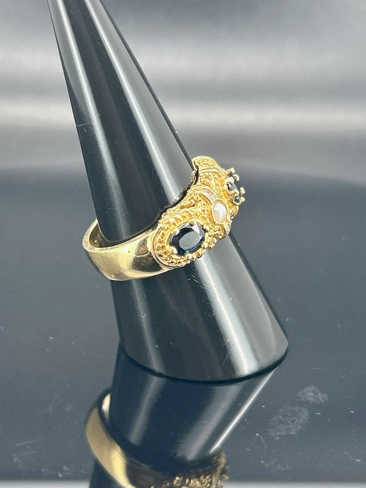 Anillo banda filigrana de zafiro y perlas de oro amarillo de 14K Foto 2 de 4