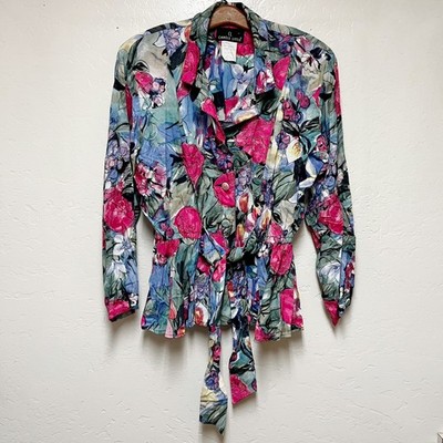 Carole Little Size 10 VTG Multi Color Long Sleeve Top German Rayon Unique Button