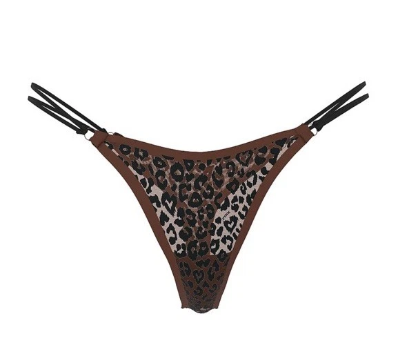 VICTORIA'S SECRET PINK LEOPARD MESH DOUBLE STRAPPY SIDE TINY THONG PANTIES L - Image 3 of 4