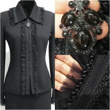 ST JOHN EVENING BLACK w/ CHIFFON FRINGE TRIM KNIT JACKET SZ 2