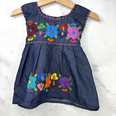 Vintage Mexican Folk 80s Baby Girl 12M Cottagecore Floral Embroidery Sleeveless