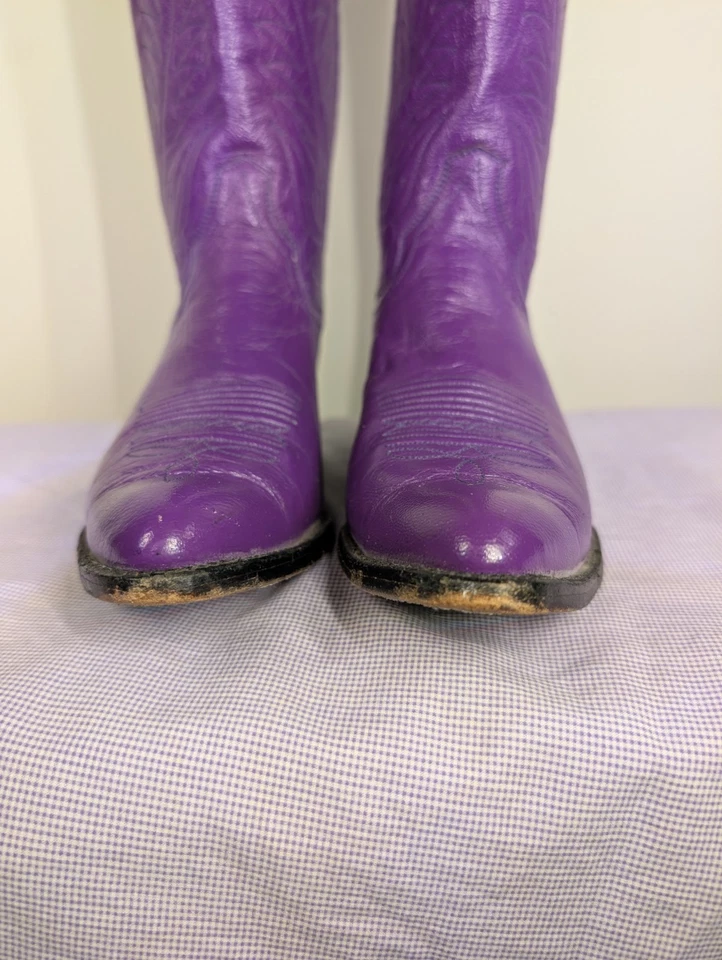 Винтажные узкие фиолетовые кожаные ковбойские сапоги Panhandle | ручная работа, с коротким носком - Изображение 3 из 4