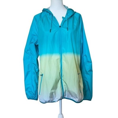Layer 8 Womens Sz M Windbreaker Teal Ombre Hooded Rain Quick Dry Jacket Packable