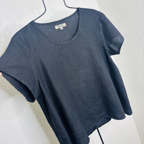 FLAX 100% Linen Top Size L Short Sleeve Scoop Neck Pullover Boxy Lightweight