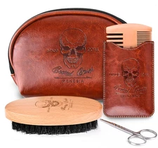 Beard Brush and Comb set Boar Bristle Hair Beard Kit with Small Leather Travel