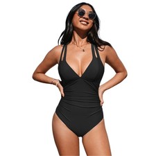 Cupshe Women's Plunge Paneling Cross Tie Back One Piece Swimsuit Black Size XL