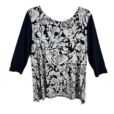 Clara Sun Woo Black Ivory Rose Print 3/4 Sleeve Top Women's Plus Size L