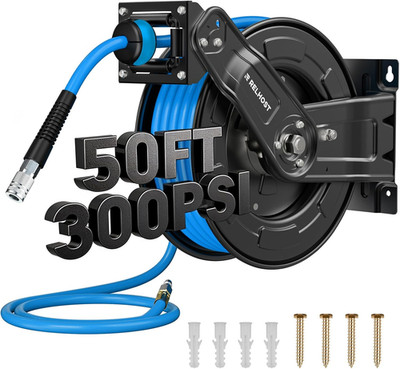 Retractable Air Hose Reel, 50 Ft X 3/8 in Hybrid Air Hose Max 300PSI, Heavy Duty
