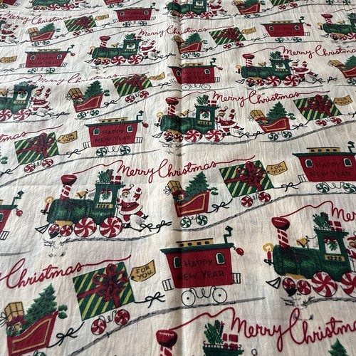 1960/ 70s Santa Merry Christmas Happy New Year Ivory Fabric VTG Holiday 3 Yards - Picture 2 of 6
