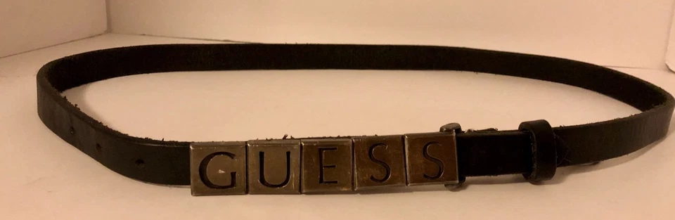 GUESS & USA 1980’s 90’s Skinny Black Leather LOGO Tile Buckle 32-36 Rare Vintage - Image 2 of 4